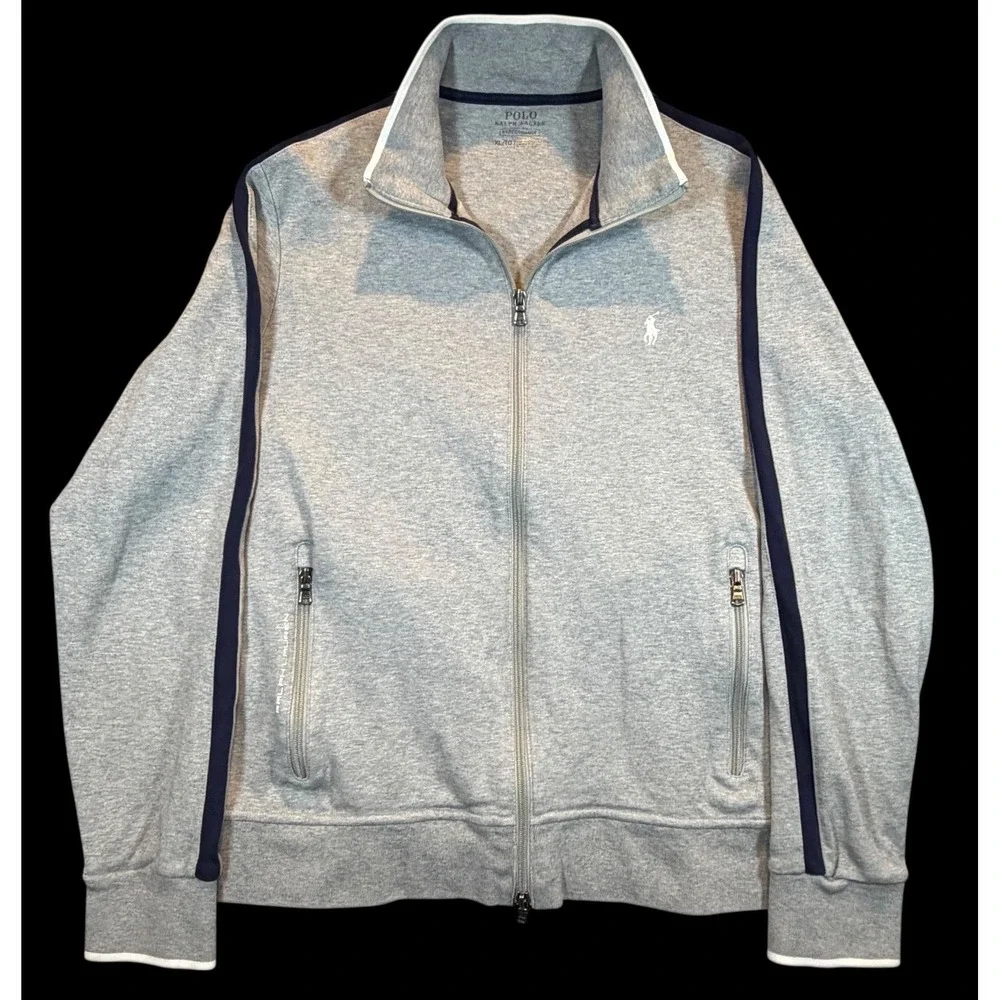 Ralph Lauren Men's  Varsity Track Jacket Grey Striped Full Zip RL Pony Size XL